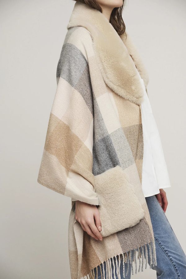 Apollo Beige Check Poncho