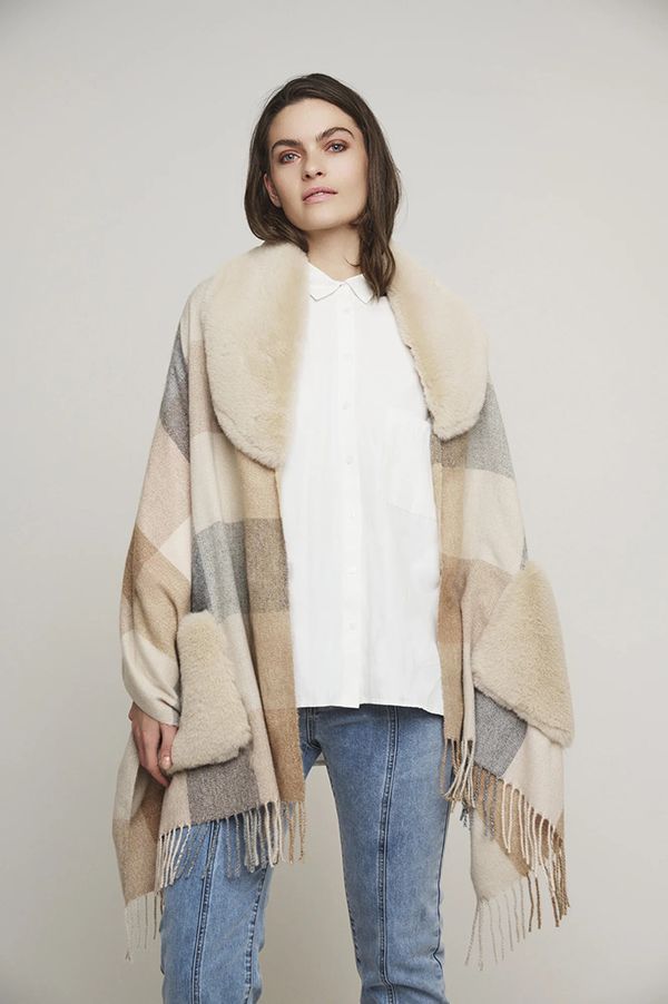 Apollo Beige Check Poncho