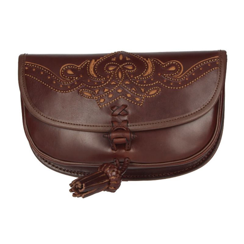 Rociero leather bag with tassel decoration and yellow thread Valverde del Camino