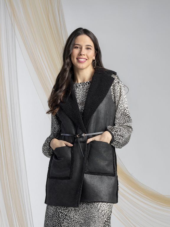 Black Vest with Thin Belt Ornament