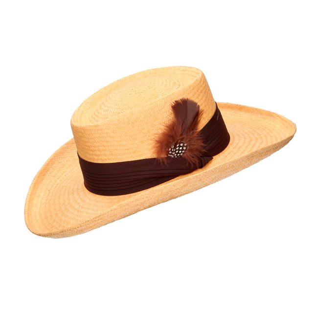 SOMBRERO GAMBLER CAMEL TIRA ANCHA MARRÓN CON PLUMA