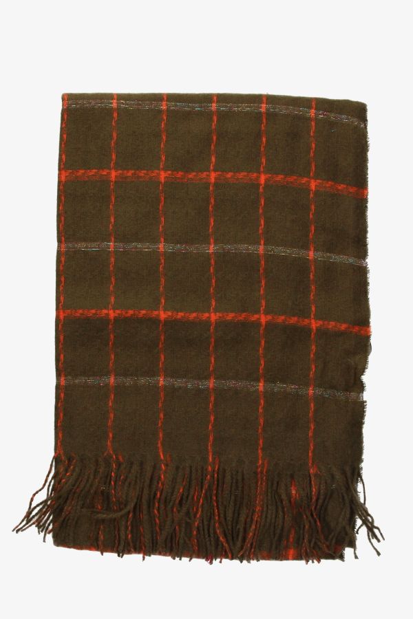 Green Plaid Scarf with Orange Lines