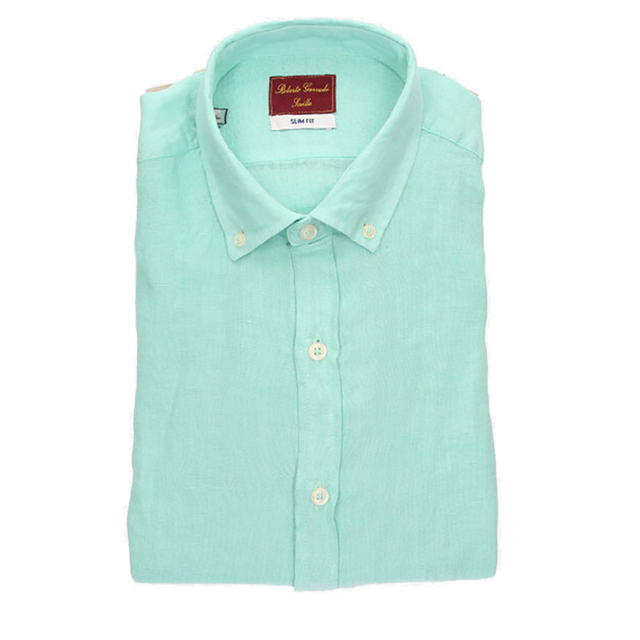 CHEMISE À COL BOUTONNÉ EN LIN AQUA