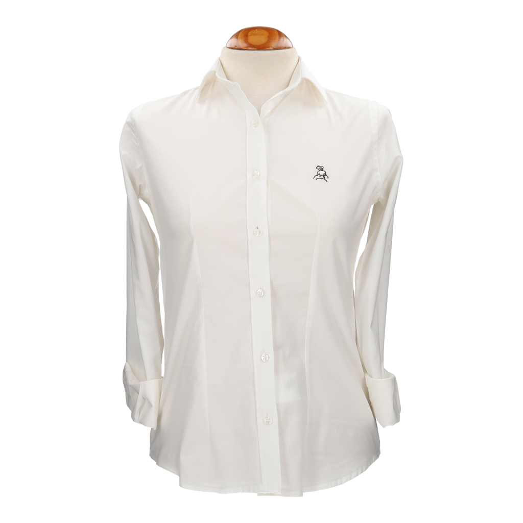 Camisa mujer popelín beige con bordado amazonas marrón