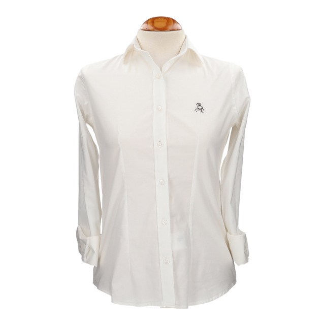 Camisa mujer popelín beige con bordado amazonas marrón