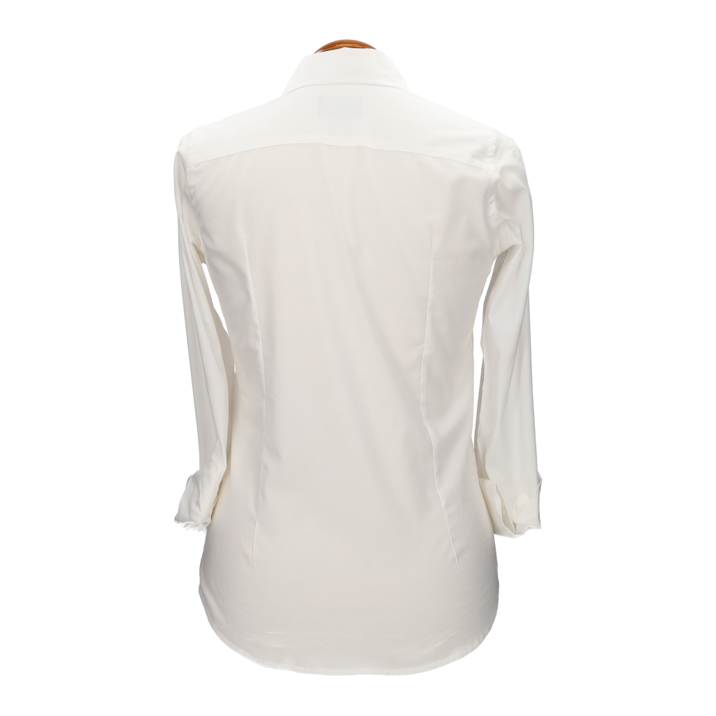 Camisa mujer popelín beige con bordado amazonas marrón