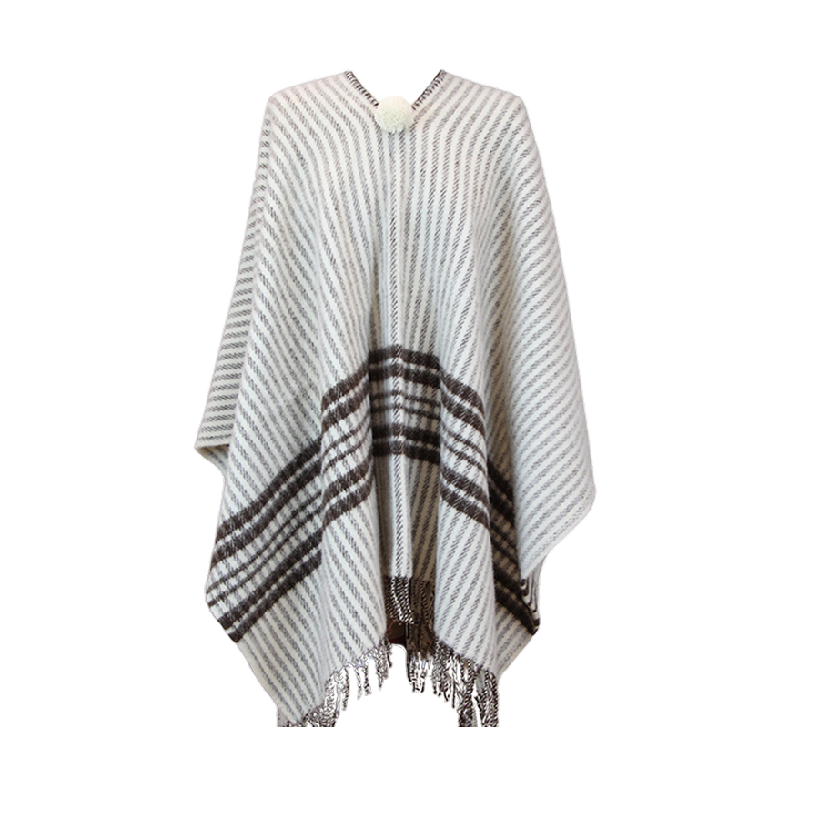 Raw poncho with 3 brown stripes