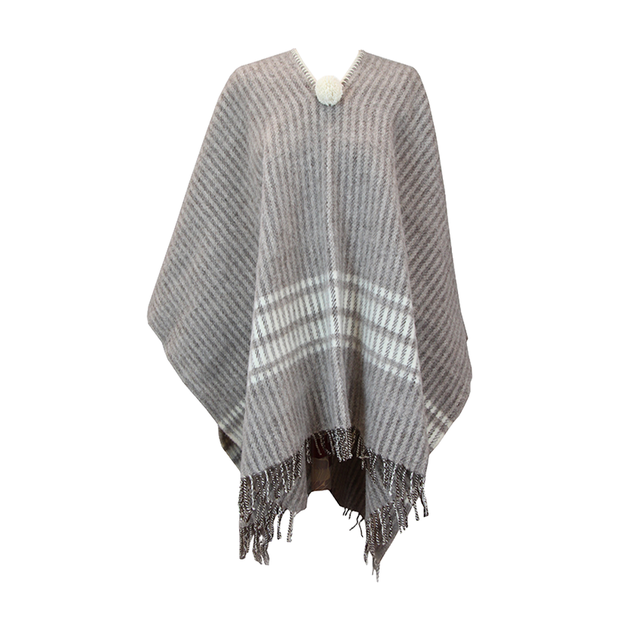 Dark Taupe Poncho with Wide Ecru Stripes
