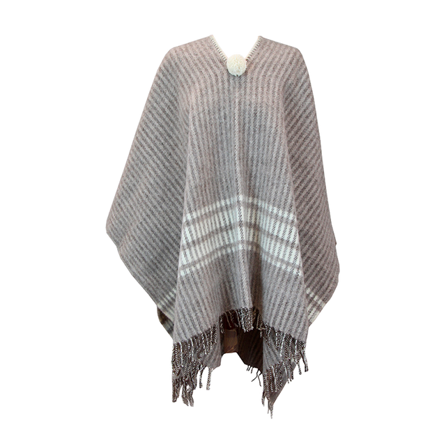 Dark Taupe Poncho with Wide Ecru Stripes