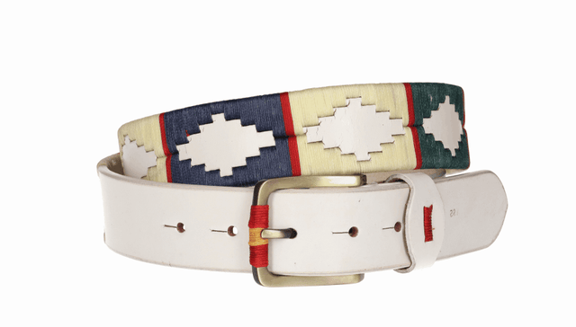 WHITE BELT WITH BLUE/YELLOW/GREEN EMBROIDERY