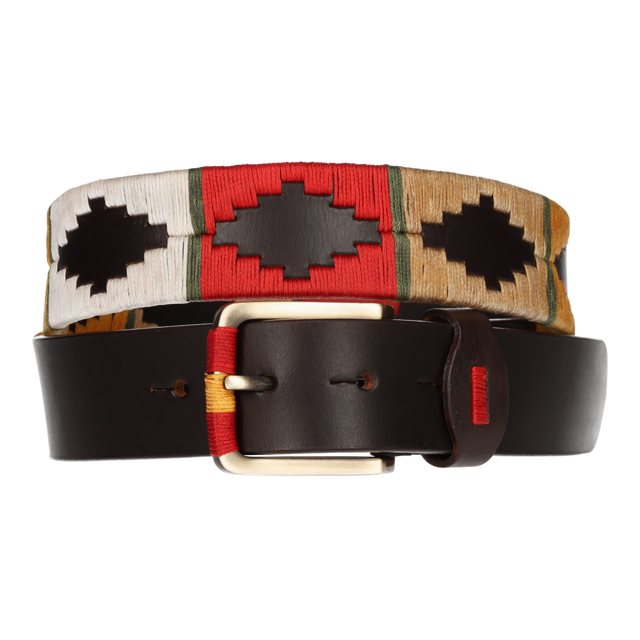 Cinturón marrón bordado mostaza-rojo