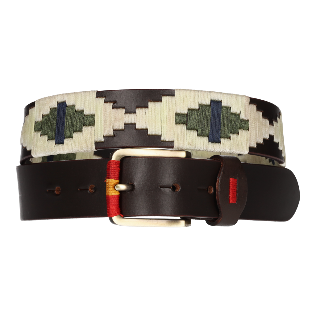 Cinturón marrón bordado verde y beige