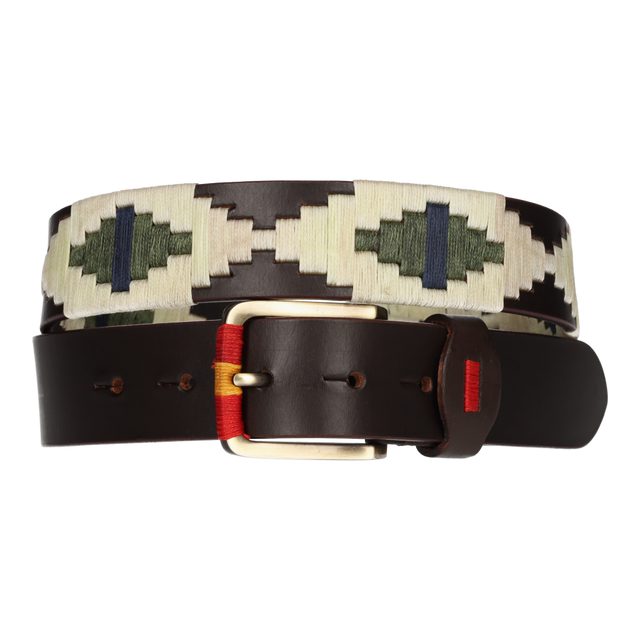 Cinturón marrón bordado verde y beige