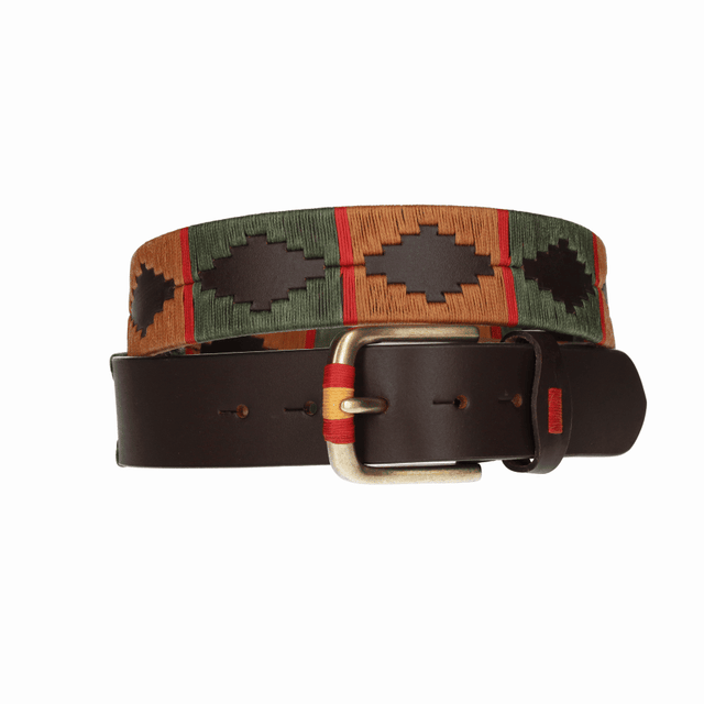 CINTURÓN 4 CM MARRON HILO VERDE/CAMEL/ROJO