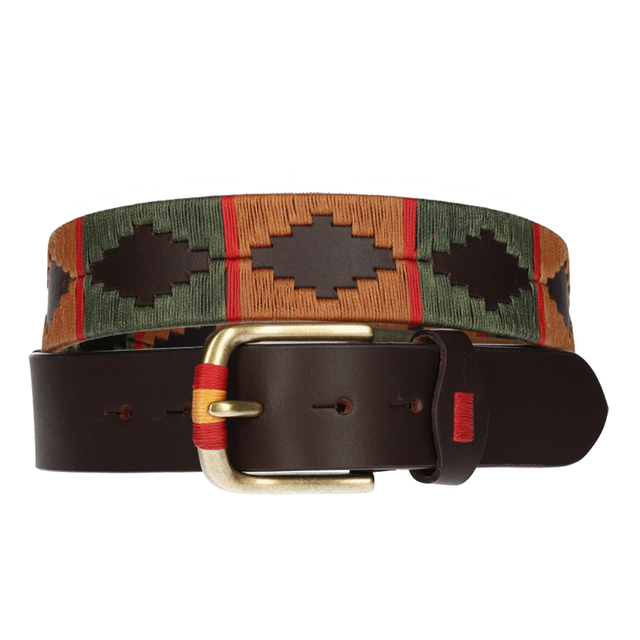 CINTURÓN 4 CM MARRON HILO VERDE/CAMEL/ROJO
