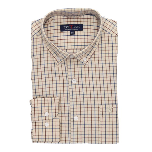 CAMISA BEIGE CUADROS AZUL-CAMEL
