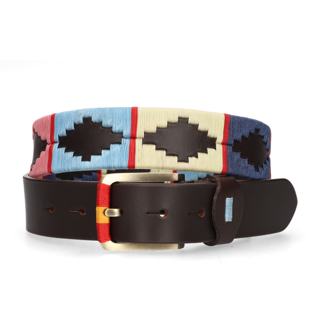 CINTURÓN 4 CM MARRÓN BORDADO BEIGE-AZUL-ROJO