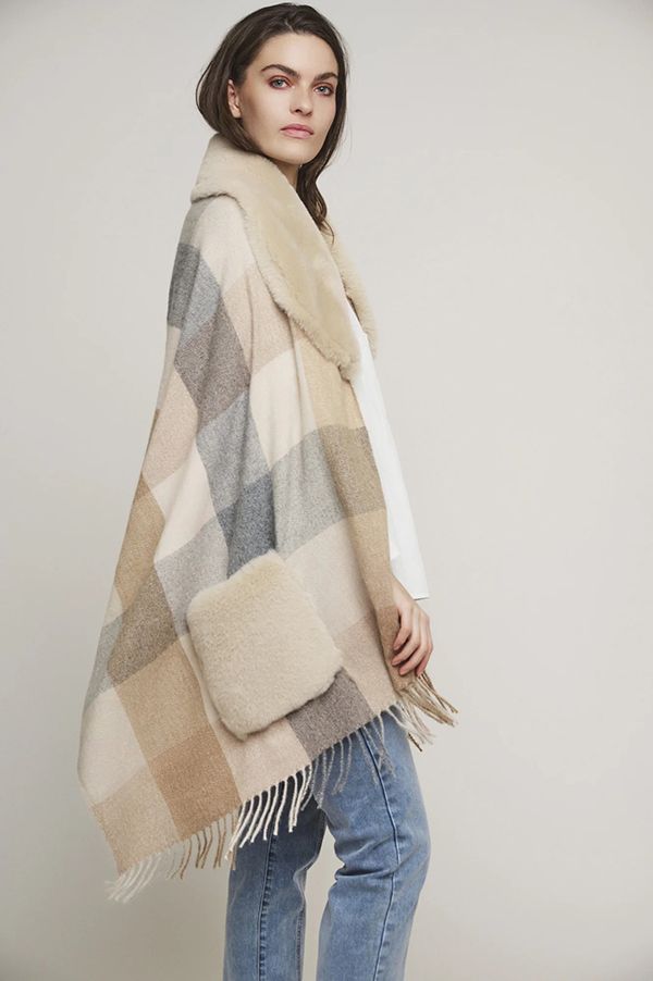 Apollo Beige Check Poncho