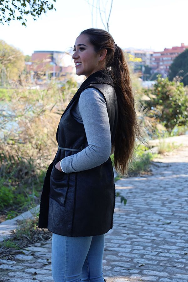 Black Vest with Thin Belt Ornament