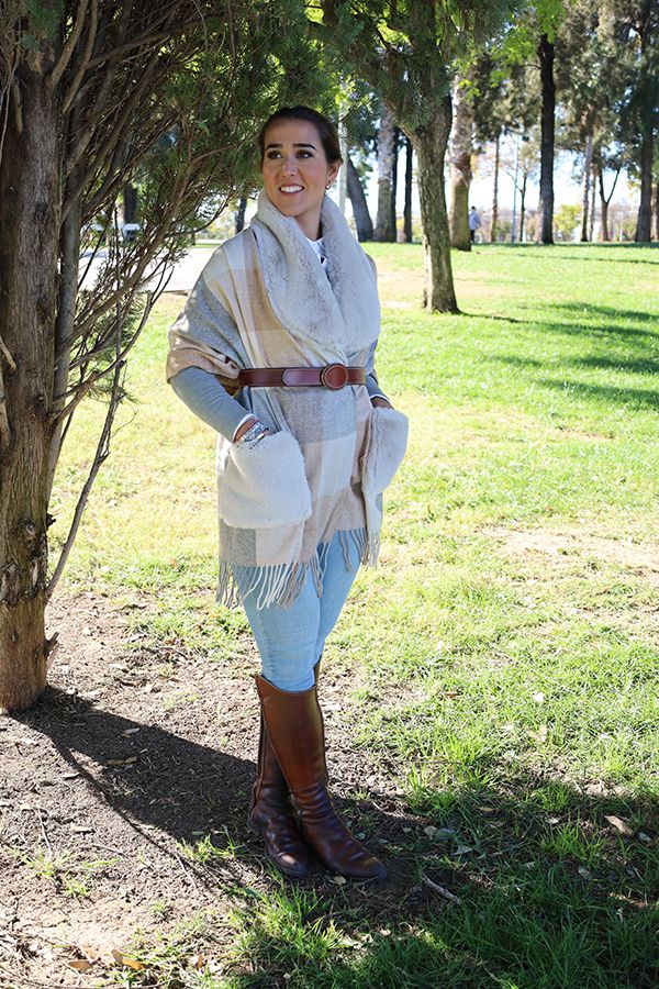 Apollo Beige Check Poncho