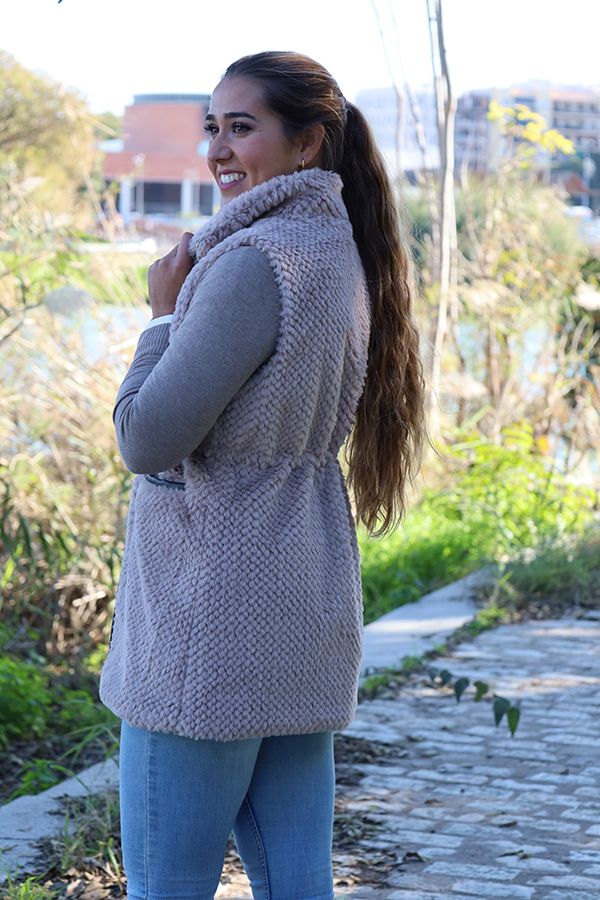 Beige Fur Vest with Dark Zipper