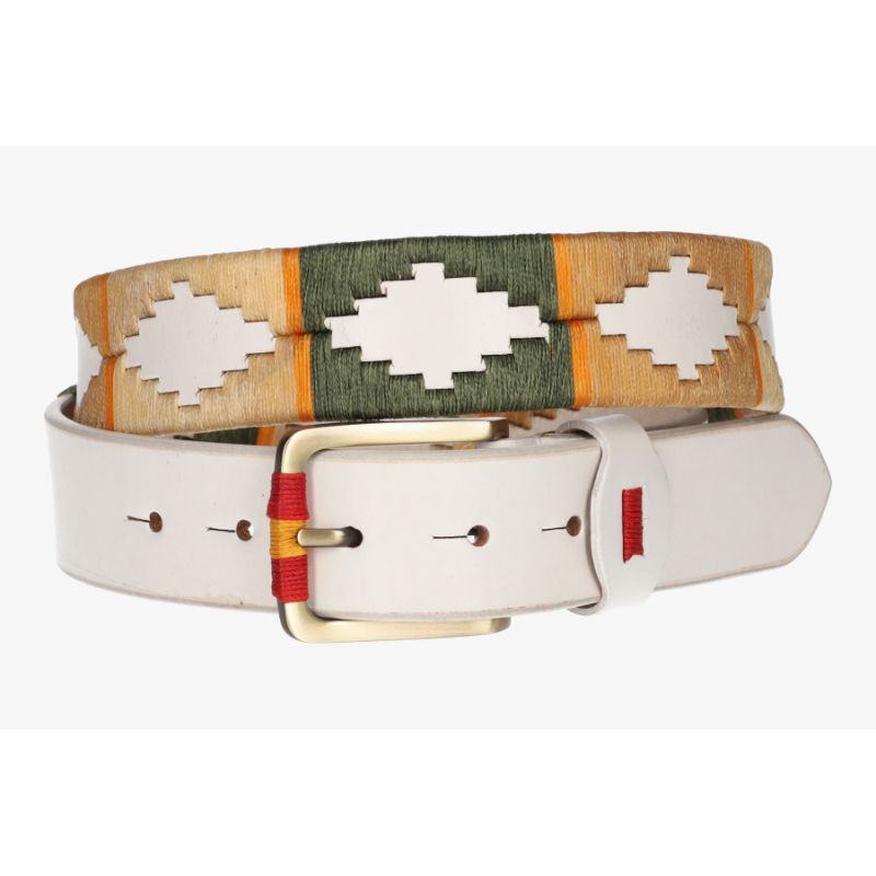 Cinturón blanco bordado verde, beige y camel