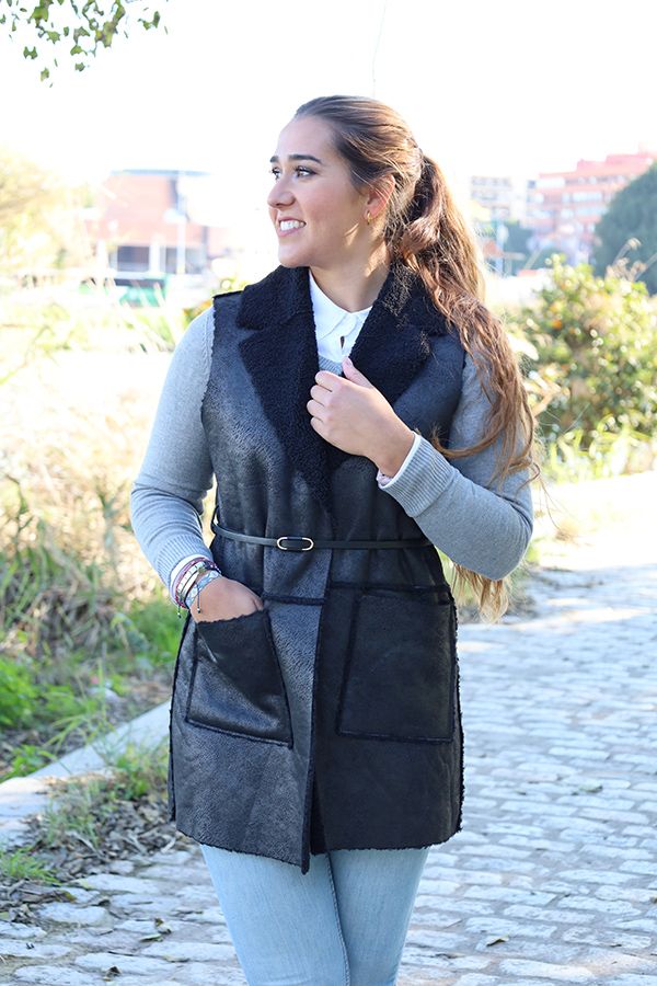 Black Vest with Thin Belt Ornament