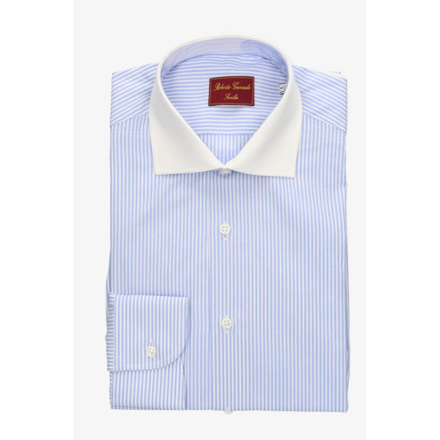 Light Blue Striped Shirt with White Collar