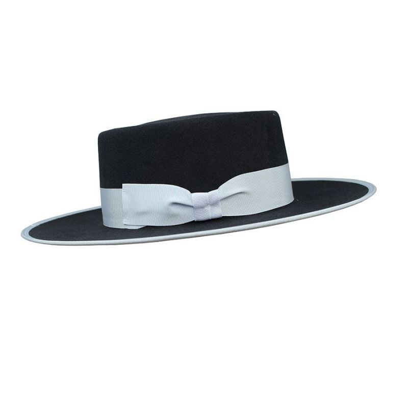 Charcoal grey Garrocha model hat with white ribbon