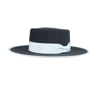 Charcoal grey Garrocha model hat with white ribbon