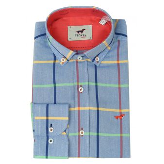 Camisa azul líneas colores