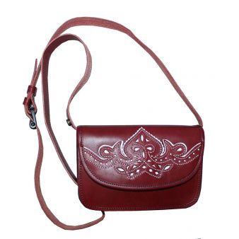 Embroidered cherry coloured pilgrimage pouch with white thread