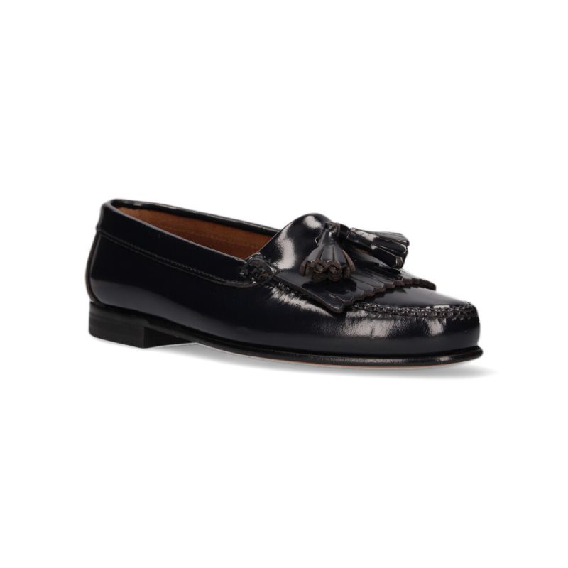 Mocassim feminino com franjas/borlas marinho