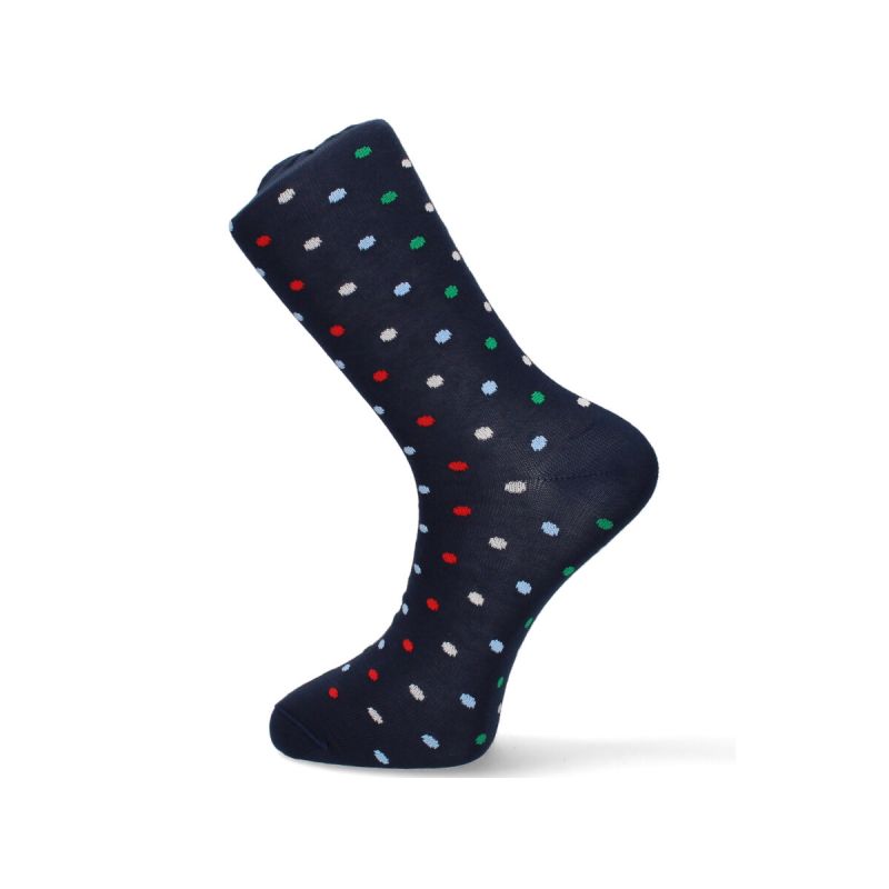 Navy sock with multicoloured polka dots