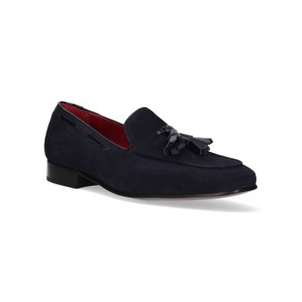 Navy Contoured Suede Loafer with Tassels and Bead