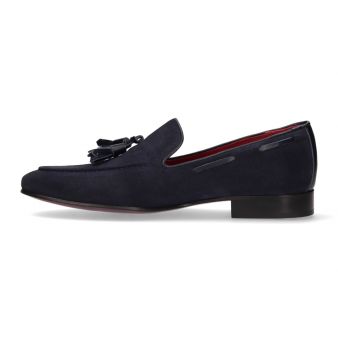 Navy Contoured Suede Loafer with Tassels and Bead