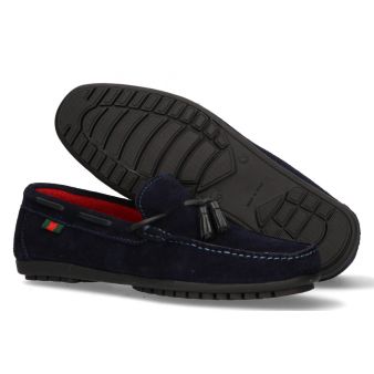 Mocassin avec pompons en daim marine