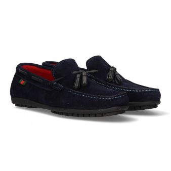 Mocassin avec pompons en daim marine