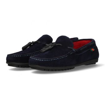 Mocassin avec pompons en daim marine
