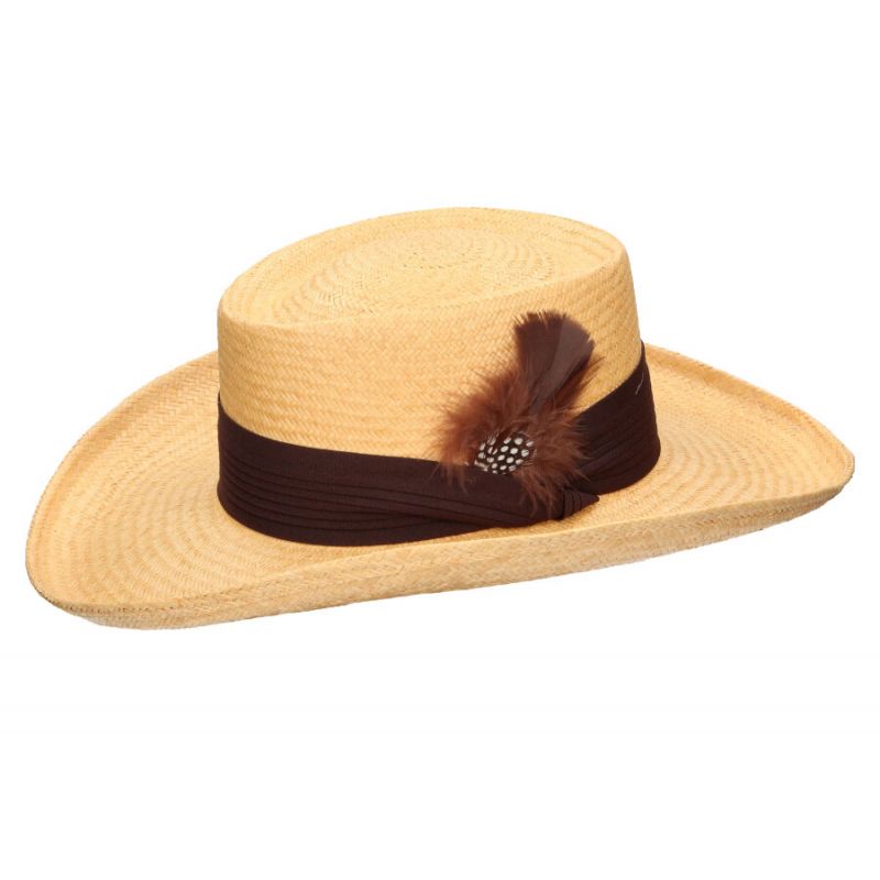 Chapeau gambler camel avec large bande et plume