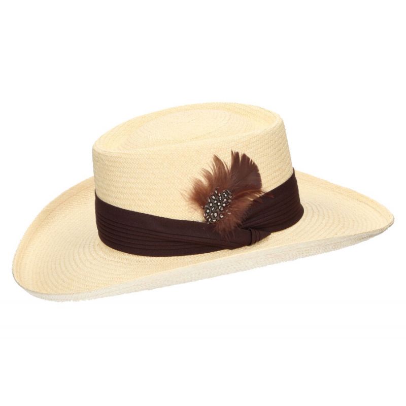 Chapéu Gambler de palha natural com fita larga e pena