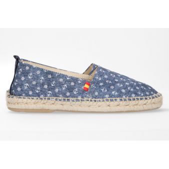 Camping sneaker with rudder and anchor pattern on blue background