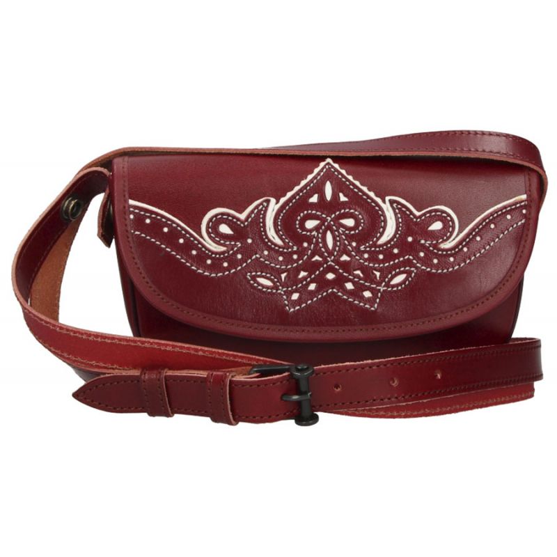Embroidered cherry coloured extended pilgrimage pouch with white thread