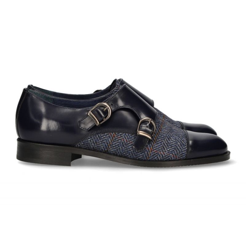 Mocassin double boucle antik bleu-chevrons bleus