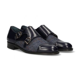 Mocassin double boucle antik bleu-chevrons bleus