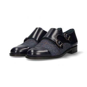 Mocassin double boucle antik bleu-chevrons bleus