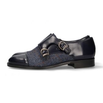Mocassin double boucle antik bleu-chevrons bleus