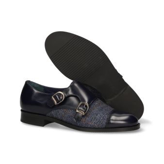 Mocassin double boucle antik bleu-chevrons bleus