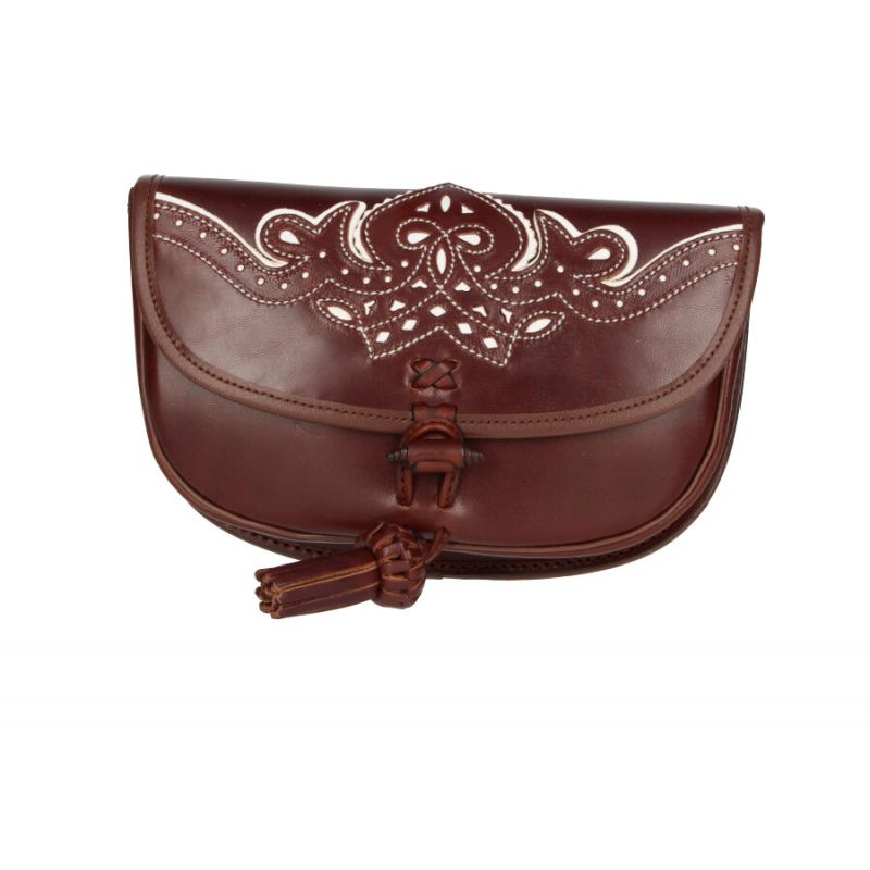 Tobacco coloured pilgrimage pouch bag, white thread, crystal bead Valverde del Camino