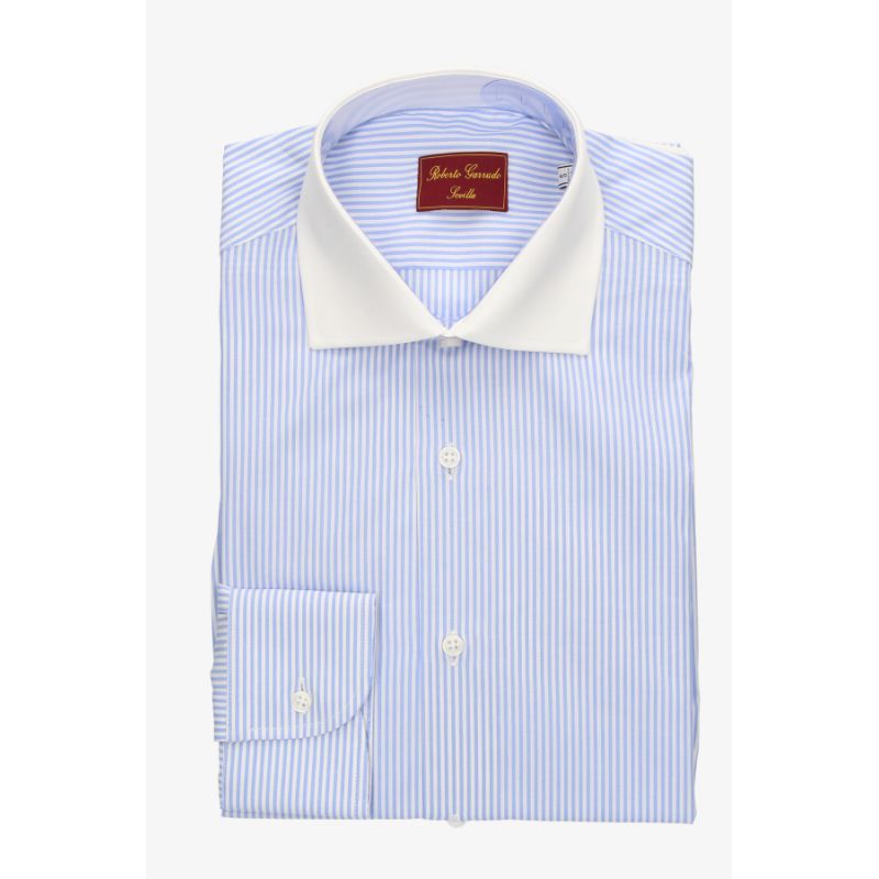 Chemise à rayures bleu ciel col blanc